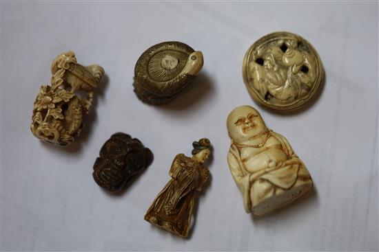 Five Japanese netsuke in ivory and staghorn etc., and ivory figure of Hotei, 19th century